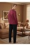 New Season Men's Burgundy Crew Neck Button Detailed Long Sleeve Design 100% Cotton Pajama Set - 5