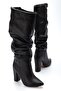4807 Black Leather Pointed-Toe Bell-Top Thick-Heeled Women's Casual Boots - 3