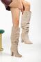4807 Beige Suede Pointed Toe Bellows Chunky Heel Women's Casual Boots - 2