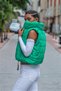 Green Stand Collar Short Puffer Vest with Elastic Waist Pockets - 4
