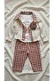 Girl's Burgundy Plaid Patterned Trousers and Seersucker Cardigan Three-Piece Set - 2