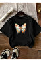 Women's Diamond Butterfly Printed Round Neck Black T-Shirt