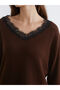 Brown V-Neck Lace Detailed Women's Knitwear Sweater from Plus-Store - 3
