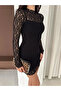 Women's Black Turtleneck Long Sleeve Lined See-Through Lace Mini Party Dress