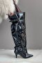 Brondby Black Cracked Patent Leather Buckle Detail Loose Fit Women's Boots