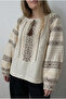 Ethnic Embroidered Lace Detail Cotton Beige Blouse