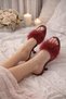 Women's Burgundy Furry Heeled Bridal Dowry House Slippers & Gift & Dowry Gift - 2