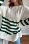 Crew Neck Green Striped Loose Knitwear Sweater Cream