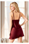 Women's Burgundy Satin Nightgown Lace Collar Detailed Elegant Thin Strap Mini Nightgown - 2