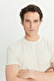Men's Beige Linen Slim Fit Slim Fit Crew Neck Jacquard T-Shirt - 4