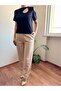 Women's Beige High Waist Stitching Detailed Classic Cut Fabric Trousers - 4