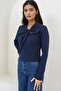 Navy Blue Asymmetrical Collar Accessory Detailed Gathered Camisole Blouse Alc-X14357 - 4
