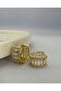 Baguette Row Stone and Side Patterned Hoop Earrings - Golden Baguette Huggie - 4