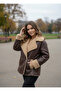 Women's Bitter Brown Leather Piped Detail Double-Breasted Collar Distressed Suede Plush Coat Ayr2261 - 2