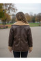 Women's Bitter Brown Leather Piped Detail Double-Breasted Collar Distressed Suede Plush Coat Ayr2261 - 3