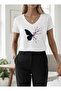Women's Oversized V-Neck T-Shirt with Sakura Flower and Butterfly Print
