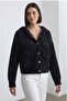 Women's Hooded Gold Button Plush Textured Jacket – Black - 2