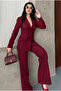Women's Fabric Button Detail Jacket and Trousers Set Burgundy - 2
