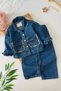 My Little One's Cicileri Pocket Floral Embroidery Detailed Girl's Denim Jeans 2-Piece Set - Dark Blue