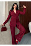 Women's Fabric Button Detail Jacket and Trousers Set Burgundy - 4