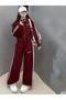 Children's Writing Printed Stripe on the Sides Mock Neck Zippered Cardigan Wide Leg Tracksuit Set