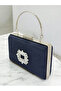 Navy Blue Luxury Suede Crystal Stone Metal Handle Chain Women's Evening Dress Bag Wedding Engagement Graduation - 2