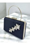 Navy Blue Luxury Suede Crystal Stone Metal Handle Chain Women's Evening Dress Bag Wedding Engagement Graduation - 2