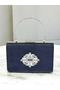 Navy Blue Luxury Suede Crystal Stone Metal Handle Chain Women's Evening Dress Bag Wedding Engagement Graduation - 3