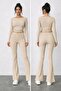 Corded Fabric Knit Asymmetrical Blouse and Flared Trousers Set, Knit Beige Two-Piece Set