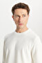 Men's Ecru Standard Fit Regular Cut Crew Neck Fleece-Lined Knitwear Sweater - 4