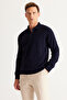 Men's Navy Blue Anti-Pilling Fabric Standard Fit Polo Collar Knitwear - 2