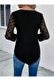 Women's Long Sleeve Buttoned Collar Viscose Blouse with Tulle Detail on the Sleeves