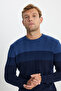 Men's Indigo Wool Standard Fit Regular Cut Crew Neck Jacquard Knitwear Sweater - 5