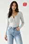 Women's Corded Fabric Patchwork Pool Collar Long Sleeve Ribbed Knit Gray Blouse – Novelle