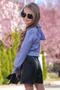 Girl's Blue Shirt with Vertical Stripes and Button Detail on the Back, Leather Shorts Set - 3