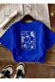 Women's Gold Framed Butterfly Patterned Cobalt Blue T-Shirt