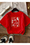 Women's Gold Framed Butterfly Patterned Red T-Shirt
