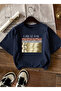 Women's Gold Sequin Embroidered Printed Crew Neck Navy Blue T-Shirt