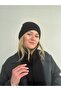 Soft Textured Knitwear Combined Black Scarf Beanie