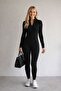 Ribbed Knit Flexible Pocketless Front Zipper Jumpsuit Dress