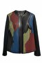 Blue Red Yellow Lona Striped Leather on Tulle Printed Women's Genuine Leather Jacket - 6