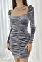 Gray Velvet Fabric Long Sleeve Gathered Dress