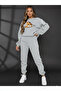 Women's Zippered Cute Bear Printed Crew Neck Gray/Black Tracksuit Set