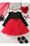 Girls Bow Detail Polka Dots Printed Mesh Hem Dress