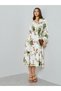 Women Green Floral Print Balloon Sleeves Midi Dress