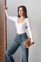 Cotton Ribbed Knit U-Neck Stitched Long Sleeve Bodysuit - White - 3