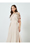 Women Beige Floral Embroidered Contrast Mesh Midi Dress - 2