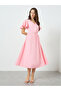 Women Pink Frill Sleeve Pleated Midi Dress - 3