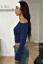 Women's Navy Blue Double-Breasted Collar Long Sleeve Crop Blouse - 2