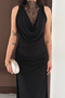 Women's Black Draped Lace Detailed Long Zero-Sleeve Dress - 7